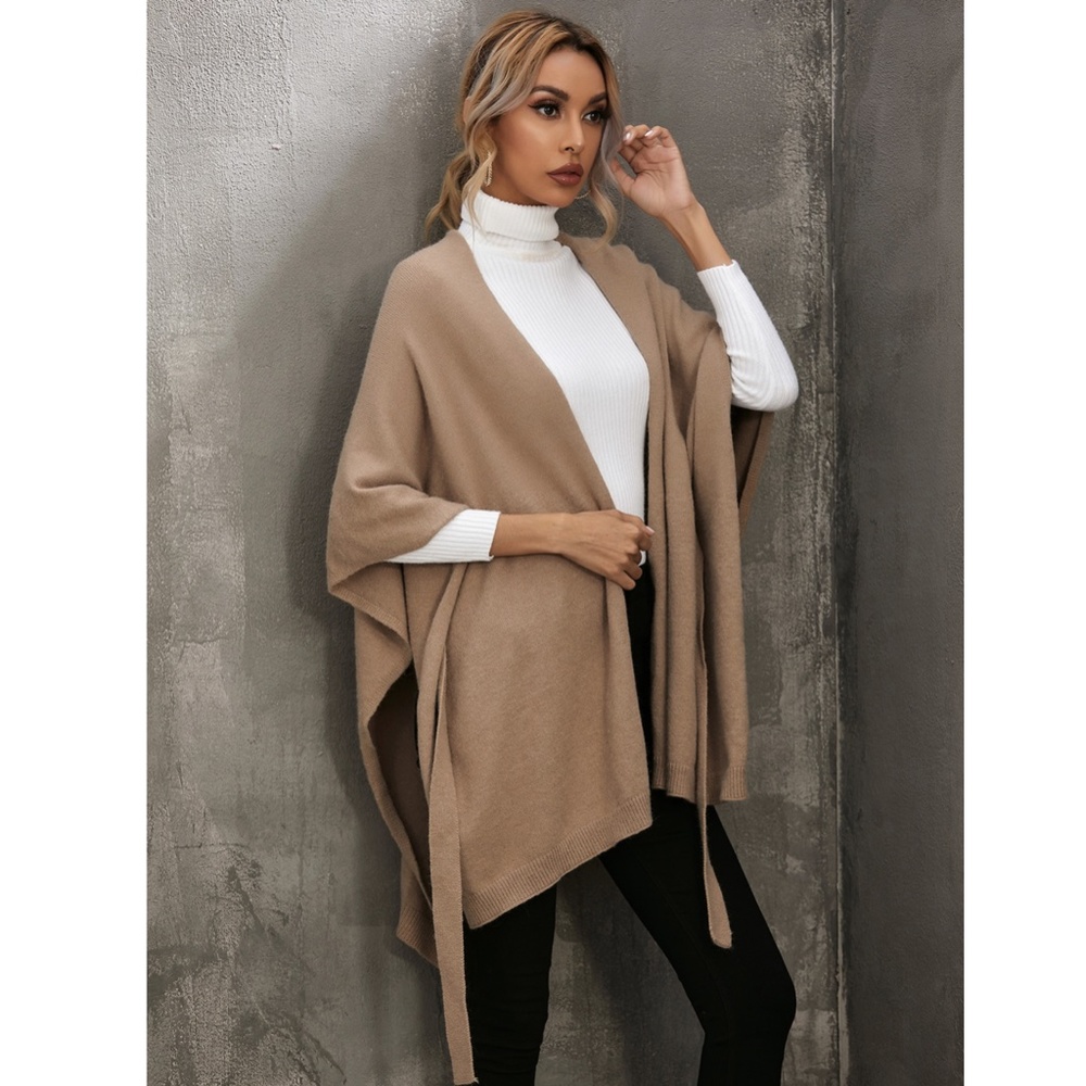 Knitted Cape Belted in Tan - Picture 6 of 10